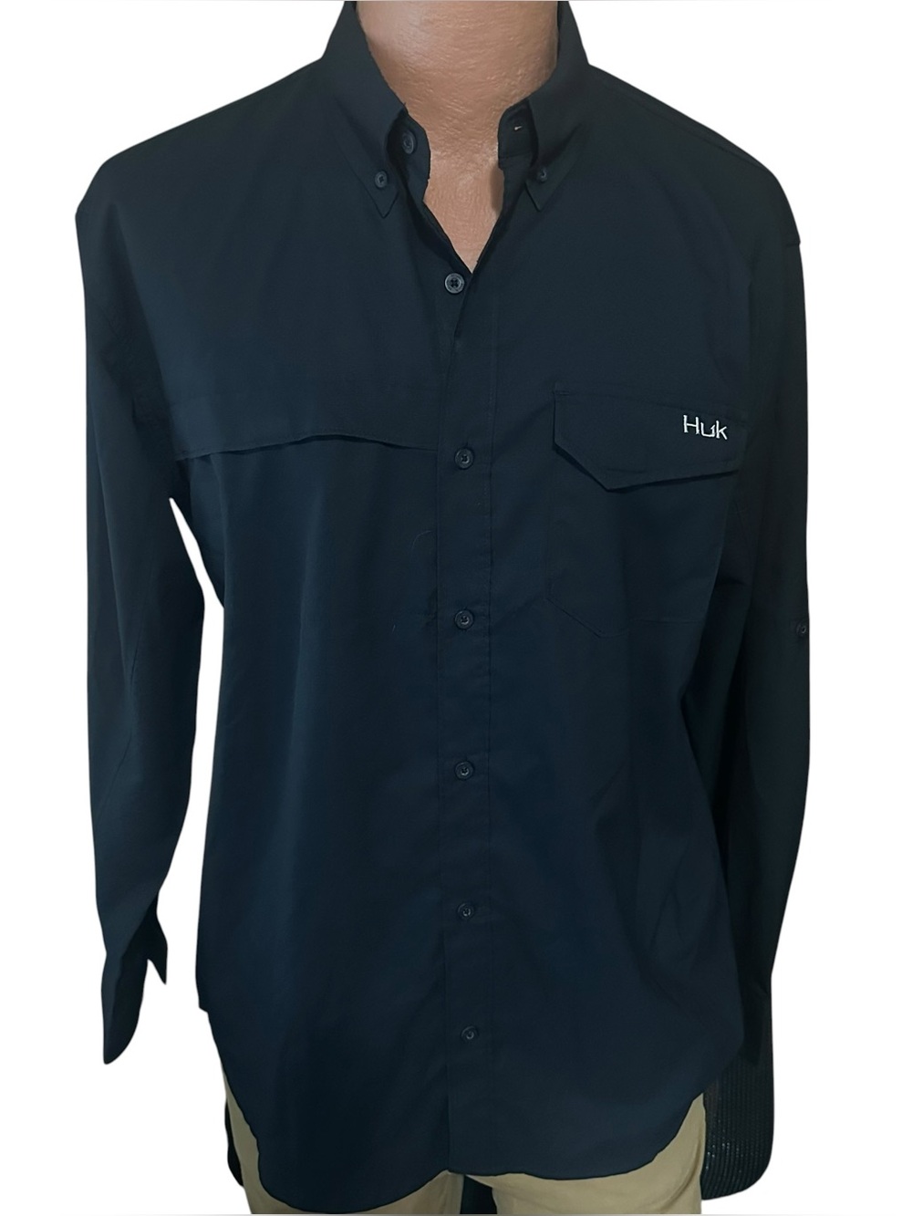 HUK Tide Point Button-Down Shirt Sz L Black